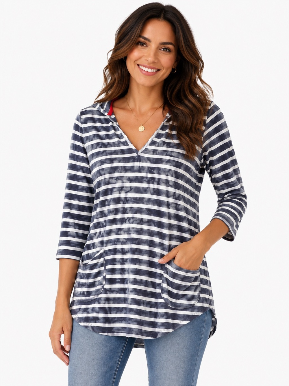 AKINI Striped 3/4 Tie Dye Hood and Front Pockets Dress, Size S